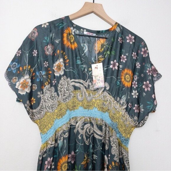 NWT Johnny Was Baize Silk Maxi Floral Dress S Multi Slip Vneck Smocked Slit - Picture 8 of 13
